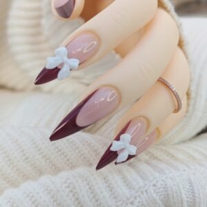 24pcs French Tip Stiletto Press On Nails White 3D Bows